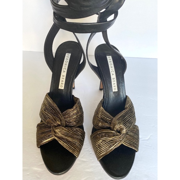Veronica Beard Black Gold Leather Calida Sandals - Picture 4 of 10